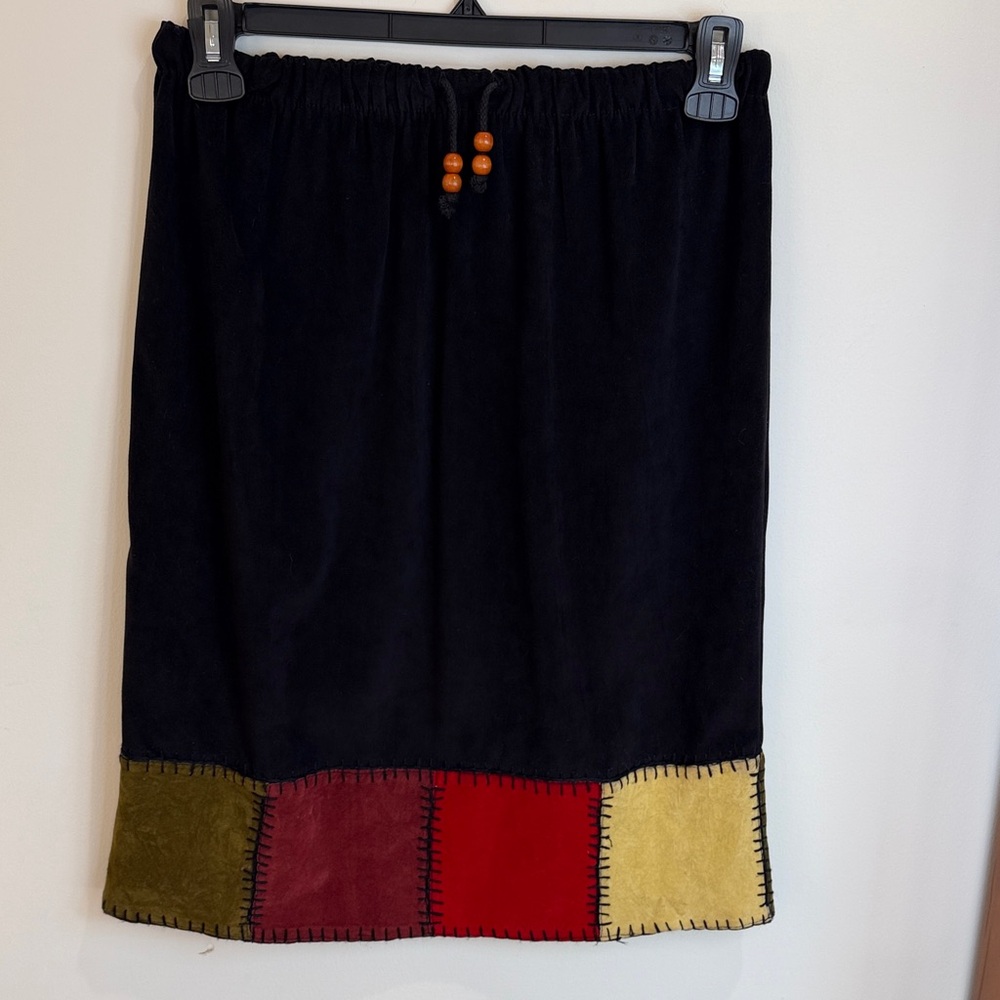 Vintage Inspired Black & Multi-Colored Patchwork Skirt with Elastic Waist